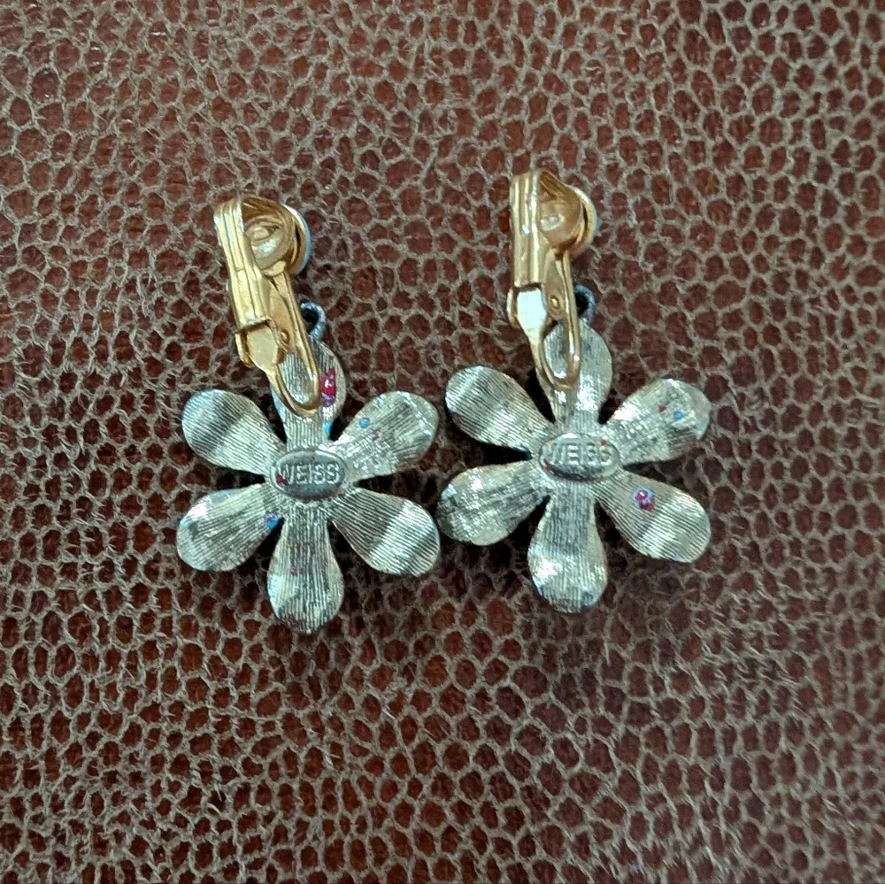 Vintage Weiss Turquoise Flower Drop Clip On Earrings - Picture 4 of 5